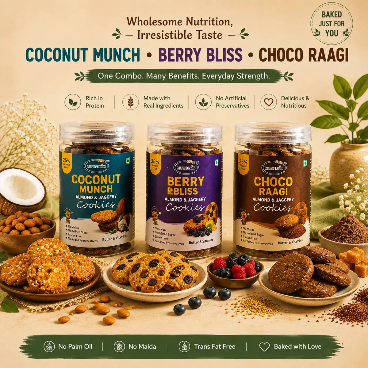 MittiGrain Coconut Munch Berry Bliss Choco Raagi cookie combo