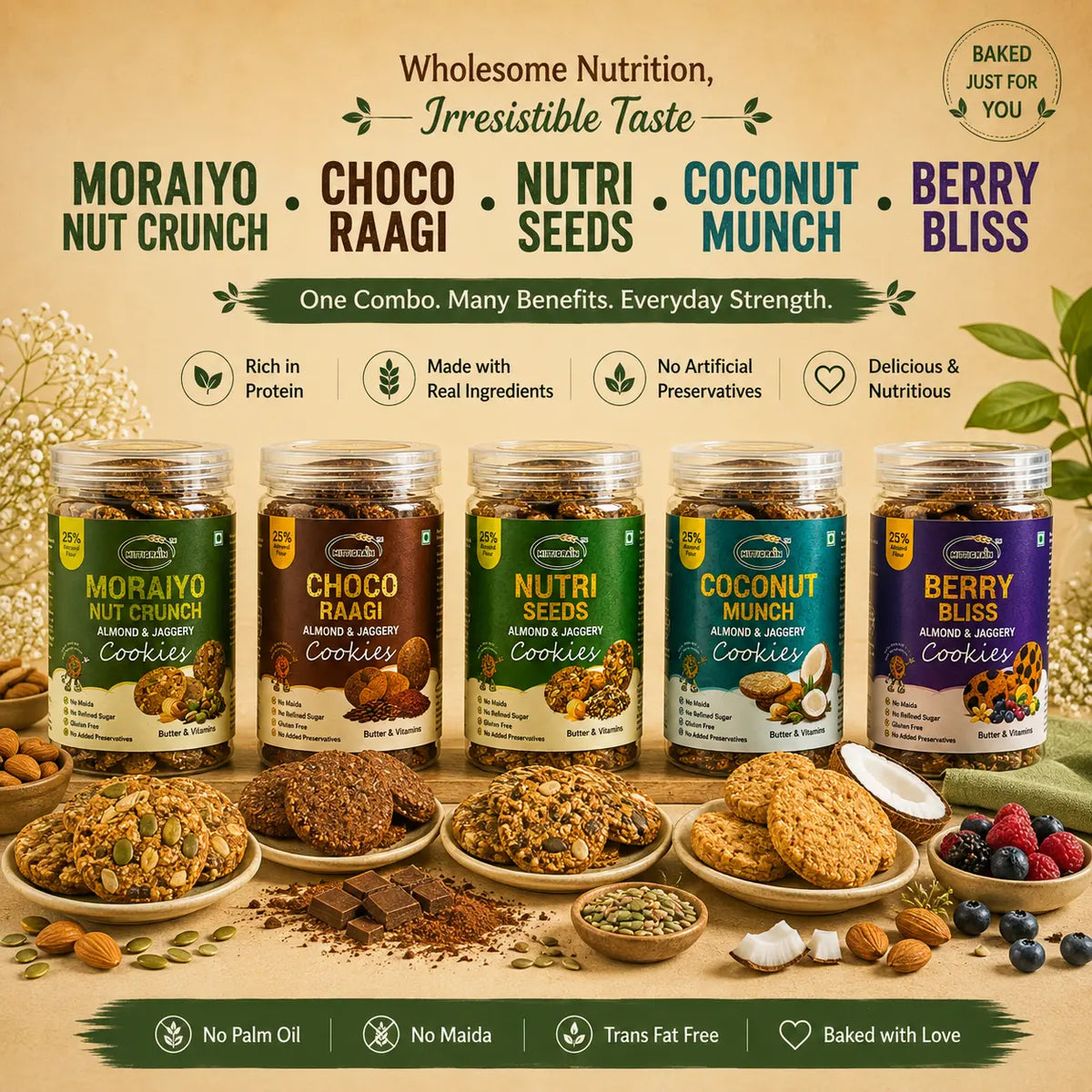 MittiGrain Ultimate five cookie combo with five almond and jaggery cookie flavours