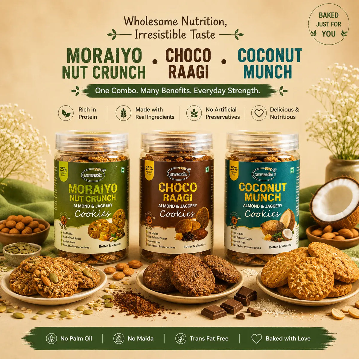 MittiGrain Moraiyo Nut Crunch Choco Raagi Coconut Munch cookie combo