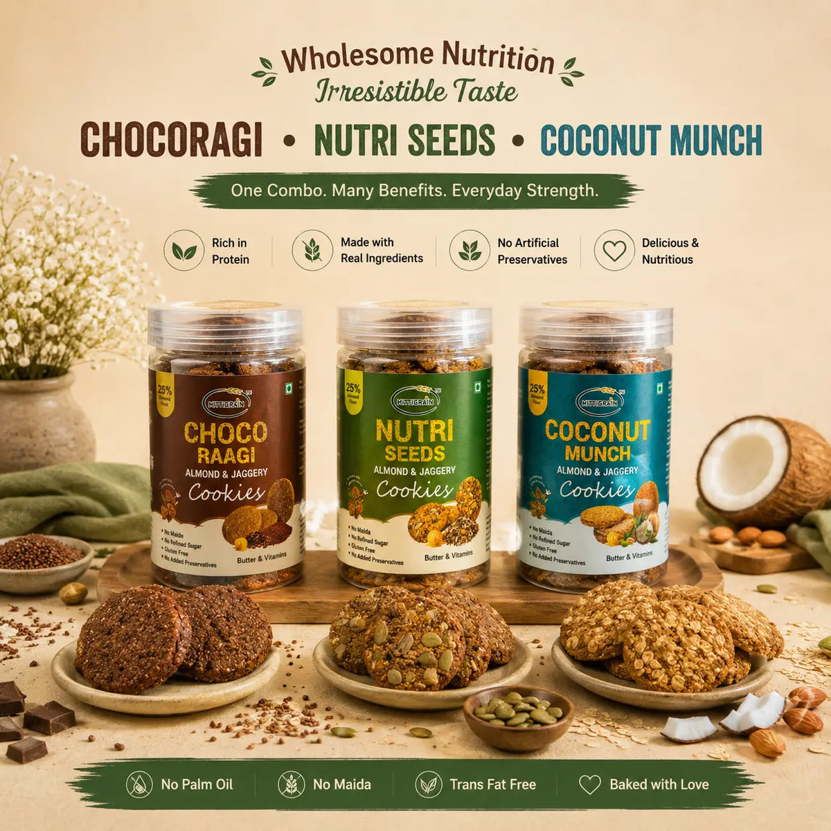 MittiGrain Choco Raagi Nutri Seeds Coconut Munch cookie combo