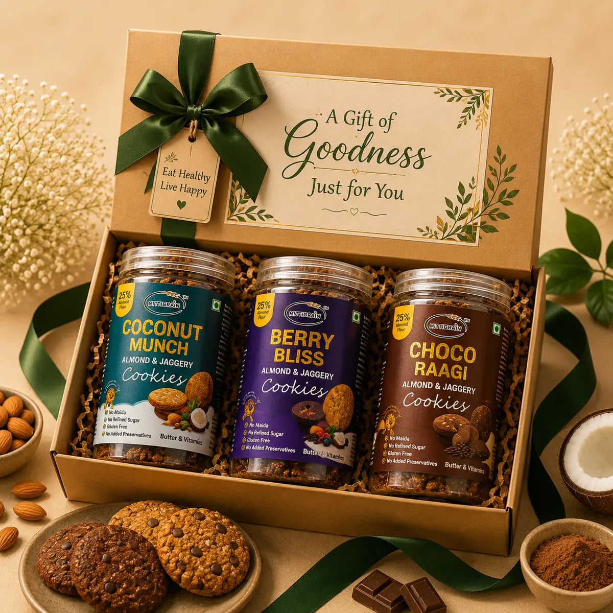 MittiGrain Celebration gift hamper with Coconut Munch Berry Bliss and Choco Raagi cookies