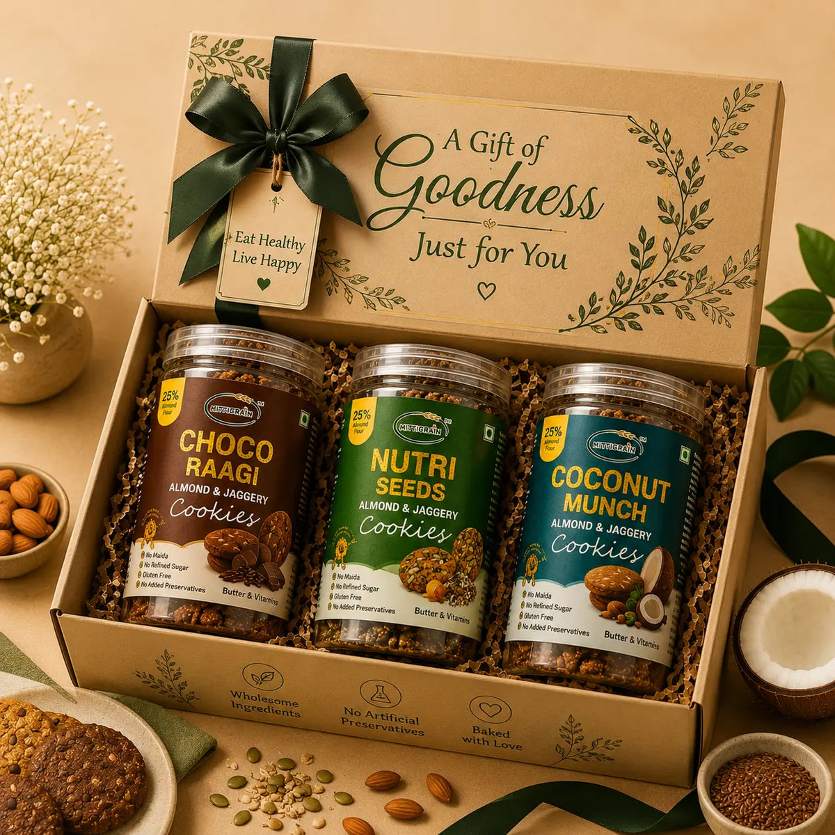 MittiGrain Signature gift hamper with Choco Raagi Nutri Seeds and Coconut Munch cookies