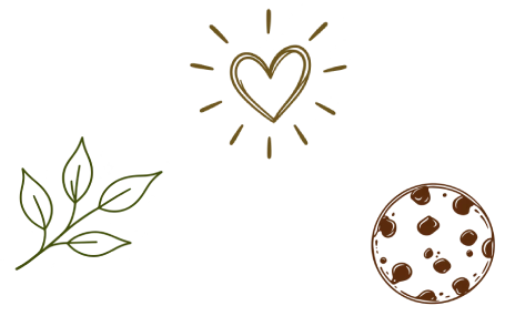Three minimalist brown line-art icons on a white background: a heart with radiating lines at the top center, a leafy branch at the lower left, and a cookie at the lower right.
